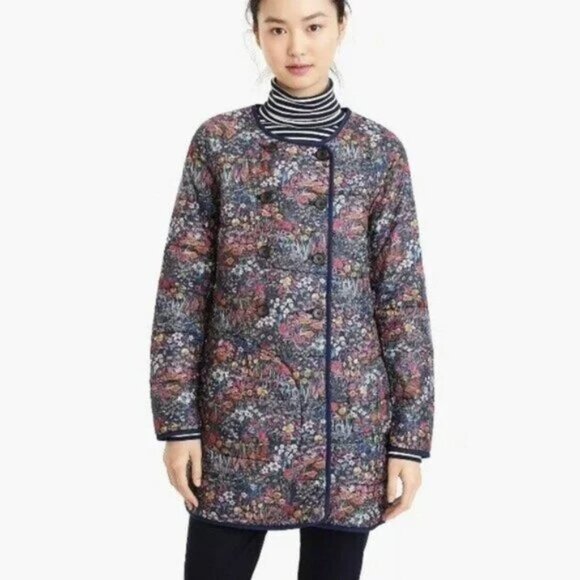 J.Crew x Liberty S Reversible Quilted Puffer Jacket Coat Navy Floral Print - Picture 2 of 13